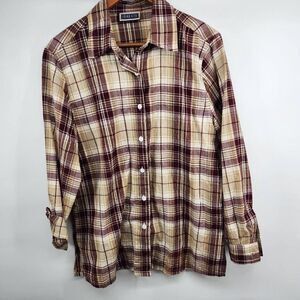 Fall Plaid Button Down Casual Shirt Vintage 90's Erika & Co Cream / Burgandy Pla
